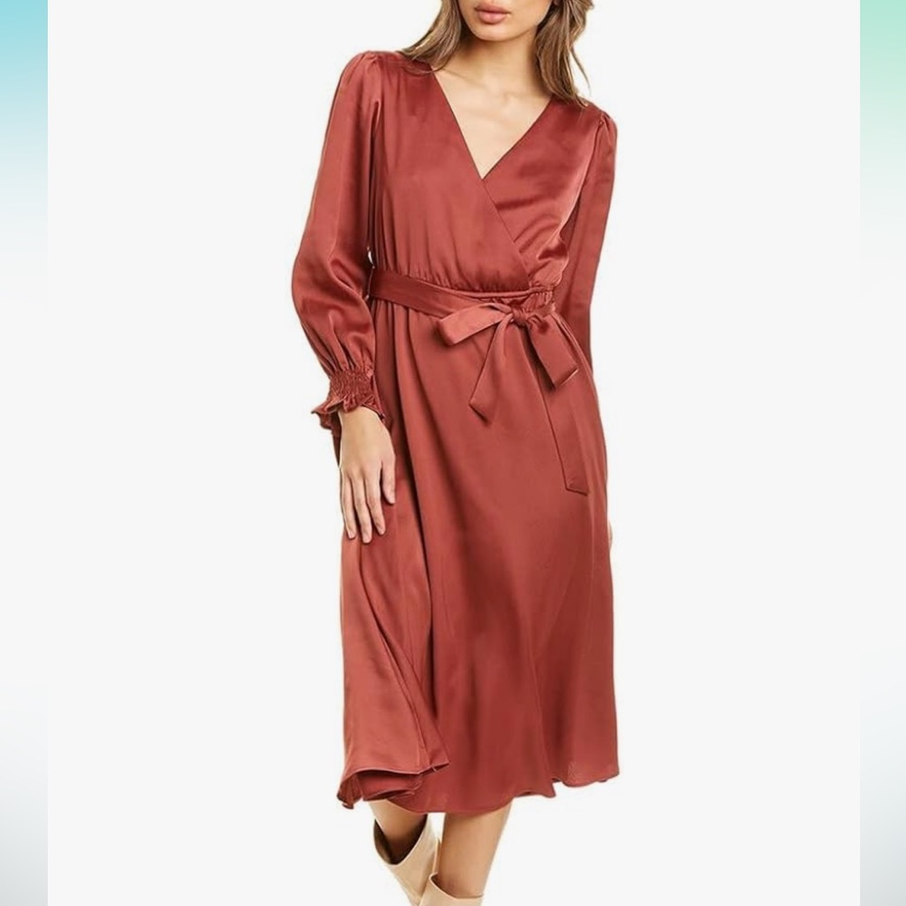 Just Taylor Women's Long Sleeve Satin Faux Wrap Midi Dress with Sash
